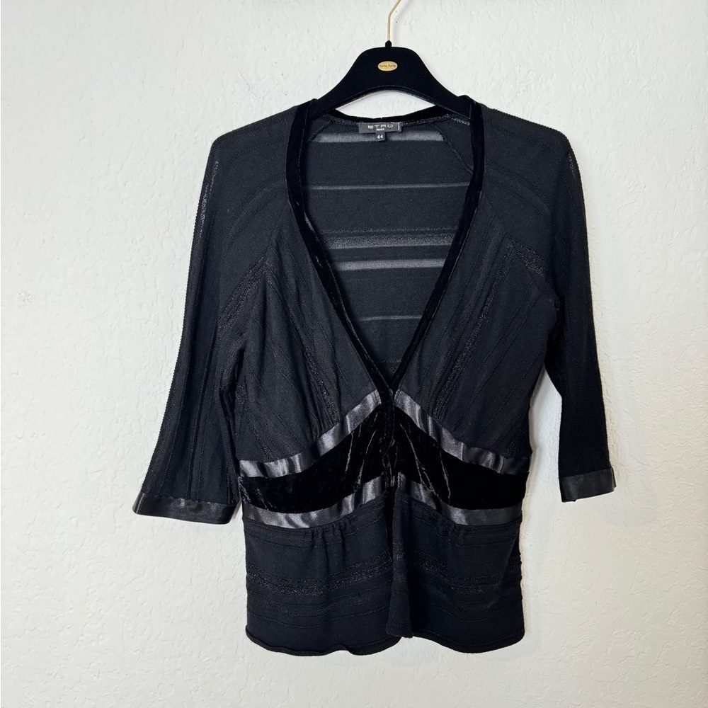 ETRO BLACK SATIN-TRIMMED METALLIC KNIT TOP